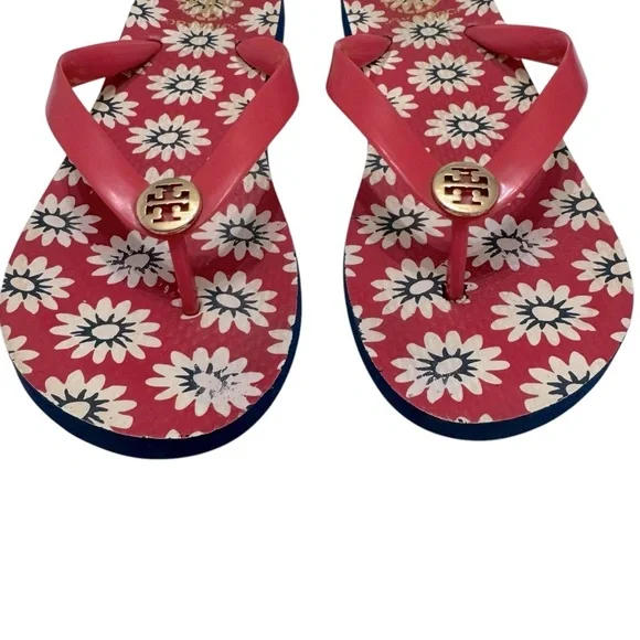 TORY‎ BURCH RED NANTUCKET DAISY FLORAL FLIP SANDALS Size 9 - Picture 2 of 8